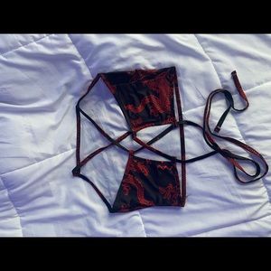 Red and black backless lace up dragon halter crop top